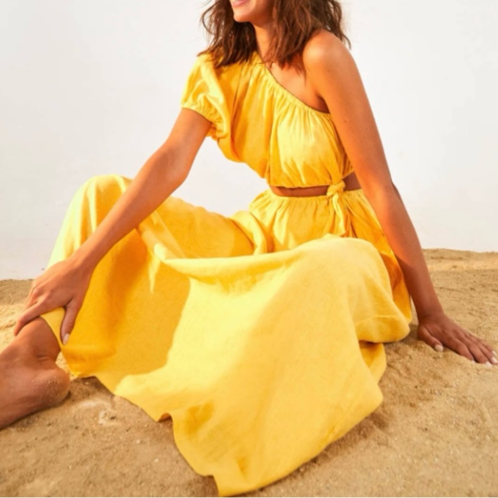Farm Rio Yellow One-Shoulder Gorgeous Maxi Dress Tropical Vibes.